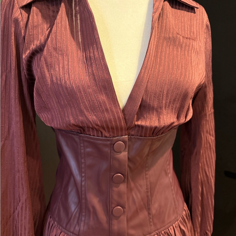 Fashion Nova Mauve Burgundy Button-Front Dress with Faux Leather Waist